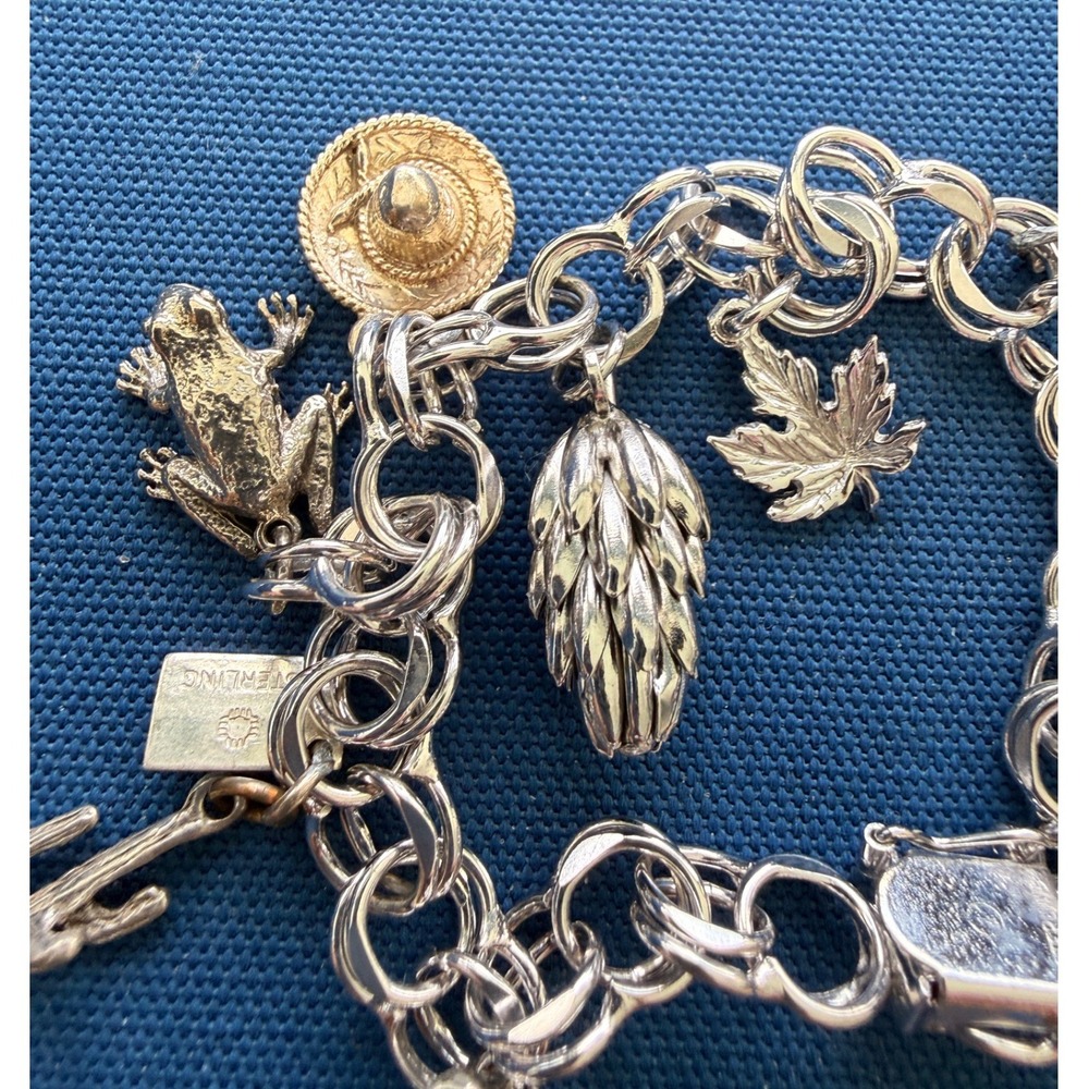 Vtg 925 Sterling Silver Charm Bracelet Frog Cactus Sewing Shell Sombrero Chunky - Picture 11 of 16